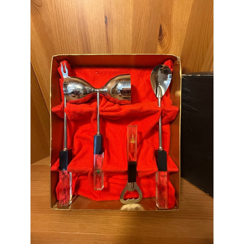 Vintage Swank Barware Serving Set Lucite Handles Fishing Lures